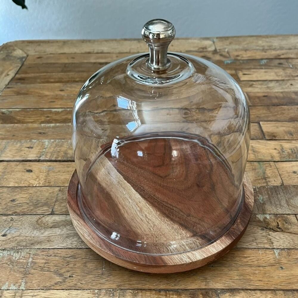 Clear Glass Dome Cloche Gold Footed Wooden Base 8.5" Tall